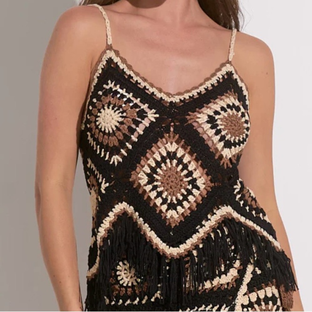 Elan Granny Square Crochet Fringe Tank Top Size Medium New